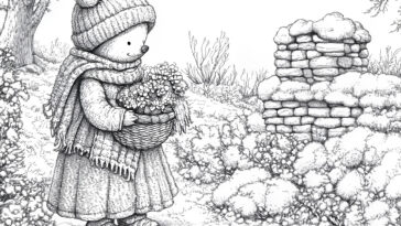 A bear in a cozy winter outfit with a knitted hat and scarf holds a basket of flowers while standing in a snowy landscape near an old stone structure surrounded by bushes.