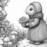 A mouse character wearing a detailed hooded cloak holds a basket of flowers while standing in a serene, snowy landscape surrounded by bushes and plants.