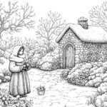 A young girl in a hooded winter cloak stands outside a snow-covered stone cottage, holding a ribbon near a basket of apples, surrounded by snowy bushes and bare trees.