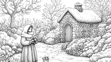 A young girl in a hooded winter cloak stands outside a snow-covered stone cottage, holding a ribbon near a basket of apples, surrounded by snowy bushes and bare trees.