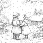 Two children in winter coats holding a baby, standing in a snowy landscape with a cozy cottage in the background, surrounded by snow-covered trees and plants.