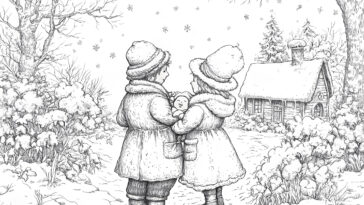 Two children in winter coats holding a baby, standing in a snowy landscape with a cozy cottage in the background, surrounded by snow-covered trees and plants.