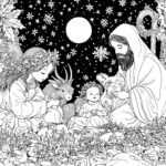 A serene nativity scene showing Mary, Joseph, and Baby Jesus surrounded by animals, flowers, and a starry night sky on a Catholic-themed page for kids.