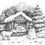 A beautiful nativity scene showing Baby Jesus in a manger, surrounded by Mary, animals, and snowy trees under a radiant star.