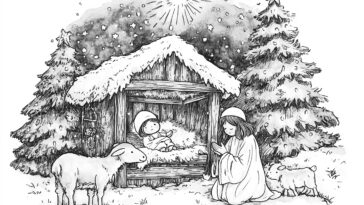 A beautiful nativity scene showing Baby Jesus in a manger, surrounded by Mary, animals, and snowy trees under a radiant star.