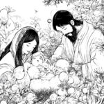 A serene illustration of Mary and Joseph tenderly looking at Baby Jesus, surrounded by lush plants and flowers in a peaceful nativity scene.