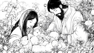 A serene illustration of Mary and Joseph tenderly looking at Baby Jesus, surrounded by lush plants and flowers in a peaceful nativity scene.