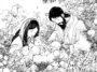 A serene illustration of Mary and Joseph tenderly looking at Baby Jesus, surrounded by lush plants and flowers in a peaceful nativity scene.