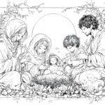 A serene illustration of the Holy Family with Baby Jesus in the manger, surrounded by Mary, Joseph, and two children in a peaceful nativity setting.