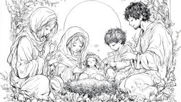 A serene illustration of the Holy Family with Baby Jesus in the manger, surrounded by Mary, Joseph, and two children in a peaceful nativity setting.