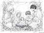 A serene illustration of the Holy Family with Baby Jesus in the manger, surrounded by Mary, Joseph, and two children in a peaceful nativity setting.