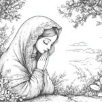 An illustration of Our Lady of Hope, depicted as a young woman in a detailed veil, hands folded in prayer, surrounded by delicate flowers and nature.