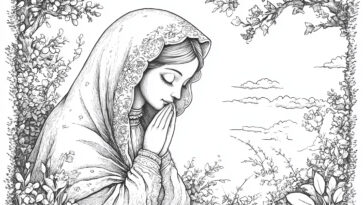 An illustration of Our Lady of Hope, depicted as a young woman in a detailed veil, hands folded in prayer, surrounded by delicate flowers and nature.
