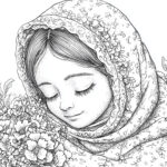 A serene illustration of Our Lady of Hope, depicted as a young woman with a peaceful expression, wearing a floral-patterned veil and surrounded by beautiful flowers.