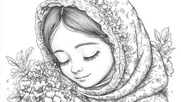 A serene illustration of Our Lady of Hope, depicted as a young woman with a peaceful expression, wearing a floral-patterned veil and surrounded by beautiful flowers.