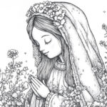 An illustration of Our Lady of Hope kneeling in prayer, wearing a detailed veil, surrounded by blooming flowers in a serene garden setting.