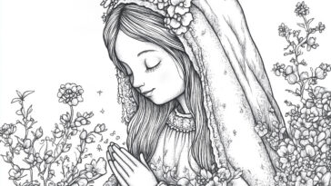 An illustration of Our Lady of Hope kneeling in prayer, wearing a detailed veil, surrounded by blooming flowers in a serene garden setting.