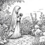 A serene illustration of Our Lady of Hope standing in a lush garden, holding a bouquet of flowers, surrounded by detailed plants, trees, and blooming blossoms.