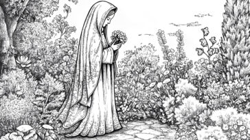 A serene illustration of Our Lady of Hope standing in a lush garden, holding a bouquet of flowers, surrounded by detailed plants, trees, and blooming blossoms.