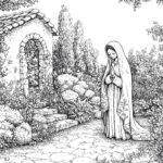 Our Lady of Hope stands in prayerful reflection in a garden surrounded by flowers and greenery, next to a small stone shrine.