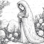 A serene illustration of Our Lady of Hope holding flowers, standing prayerfully in a lush garden surrounded by blooming plants and peaceful scenery.