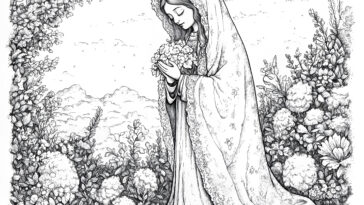A serene illustration of Our Lady of Hope holding flowers, standing prayerfully in a lush garden surrounded by blooming plants and peaceful scenery.