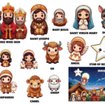 Colorful illustrations of nativity characters including Mary, Joseph, Baby Jesus, shepherds, angels, animals, and the Three Wise Men, ready to be cut out.