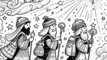 Stargazers’ Quest: The Three Wise Men Following the Star - Illuminated Coloring Page