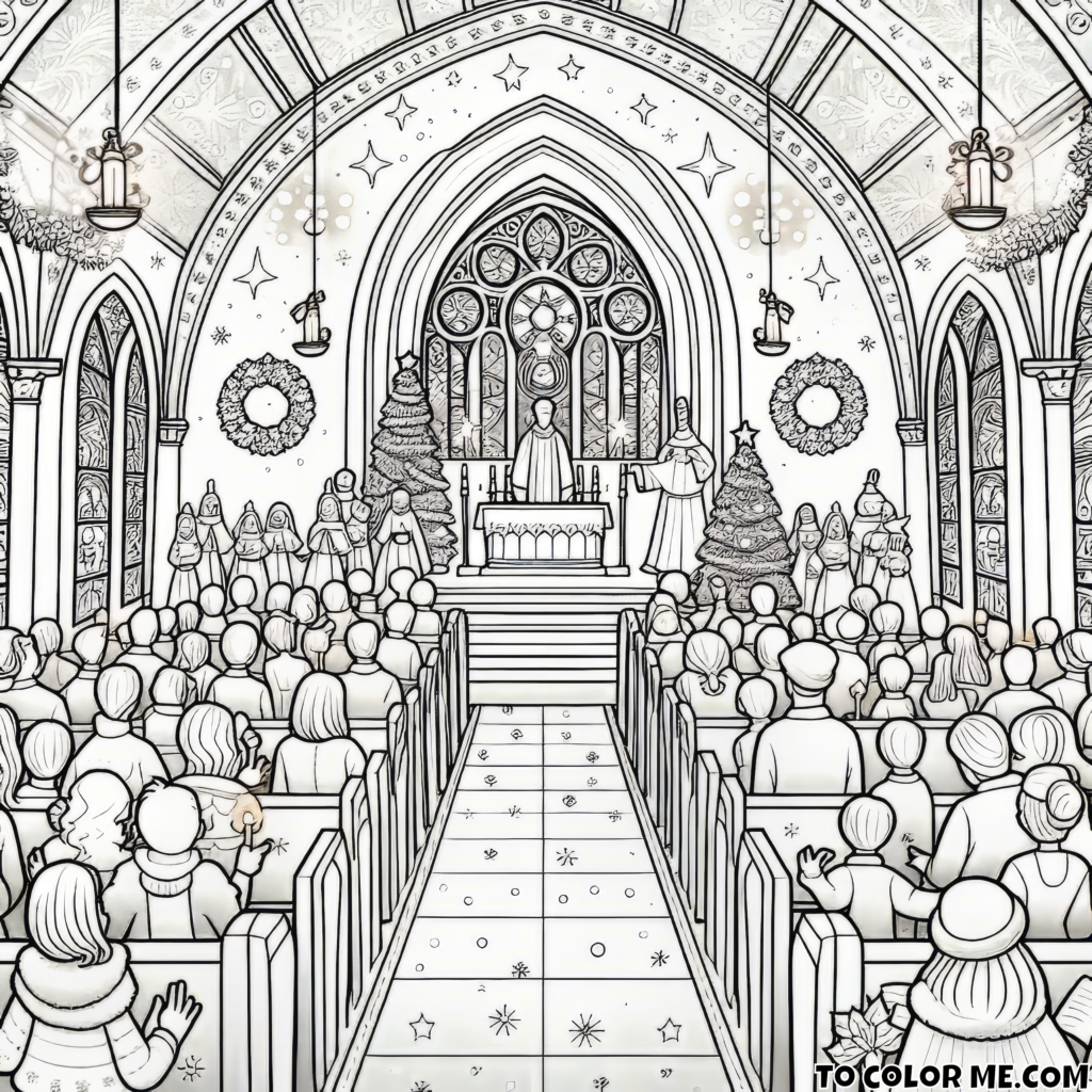 Sacred Christmas Moments: Inside the Church Coloring Page – Experience the Tranquil Beauty of the Season in this Inspirational and Festive Printable!
