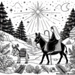 Mary's Journey: On the Donkey to Bethlehem Coloring Page – Witness the Graceful Trek with this Heartwarming and Serene Christmas Printable!