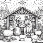 Starlit Birth: Nativity Scene with the Holy Family - Enchanting Coloring Page