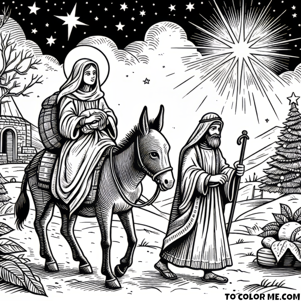 Journey of Love: Mary and Joseph En Route to Bethlehem – Experience the Tenderness of Christmas with this Heartwarming Coloring Page!