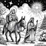 Journey of Love: Mary and Joseph En Route to Bethlehem – Experience the Tenderness of Christmas with this Heartwarming Coloring Page!