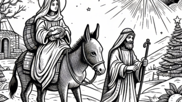 Journey of Love: Mary and Joseph En Route to Bethlehem – Experience the Tenderness of Christmas with this Heartwarming Coloring Page!
