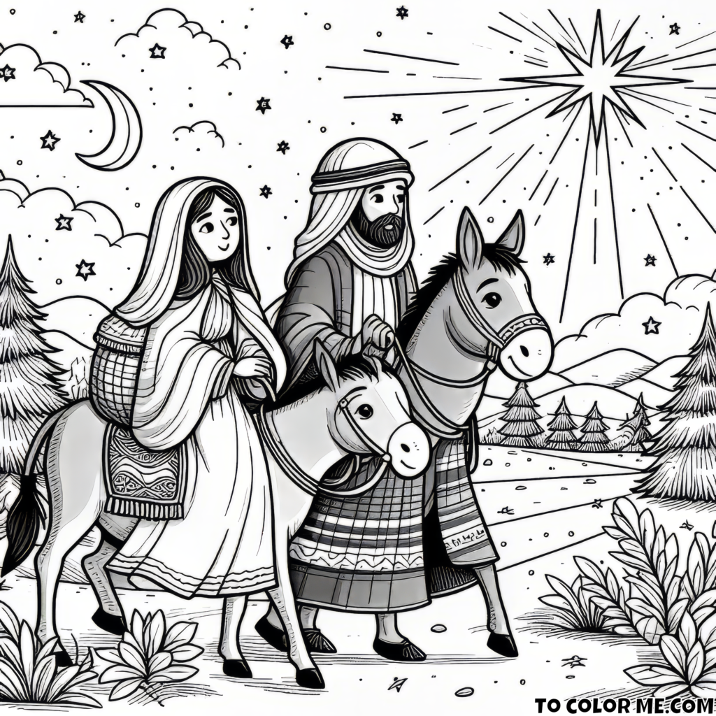 On the Road to Bethlehem: Mary and Joseph's Tale in a Captivating Coloring Page – Experience the Anticipation and Hope of Christmas!