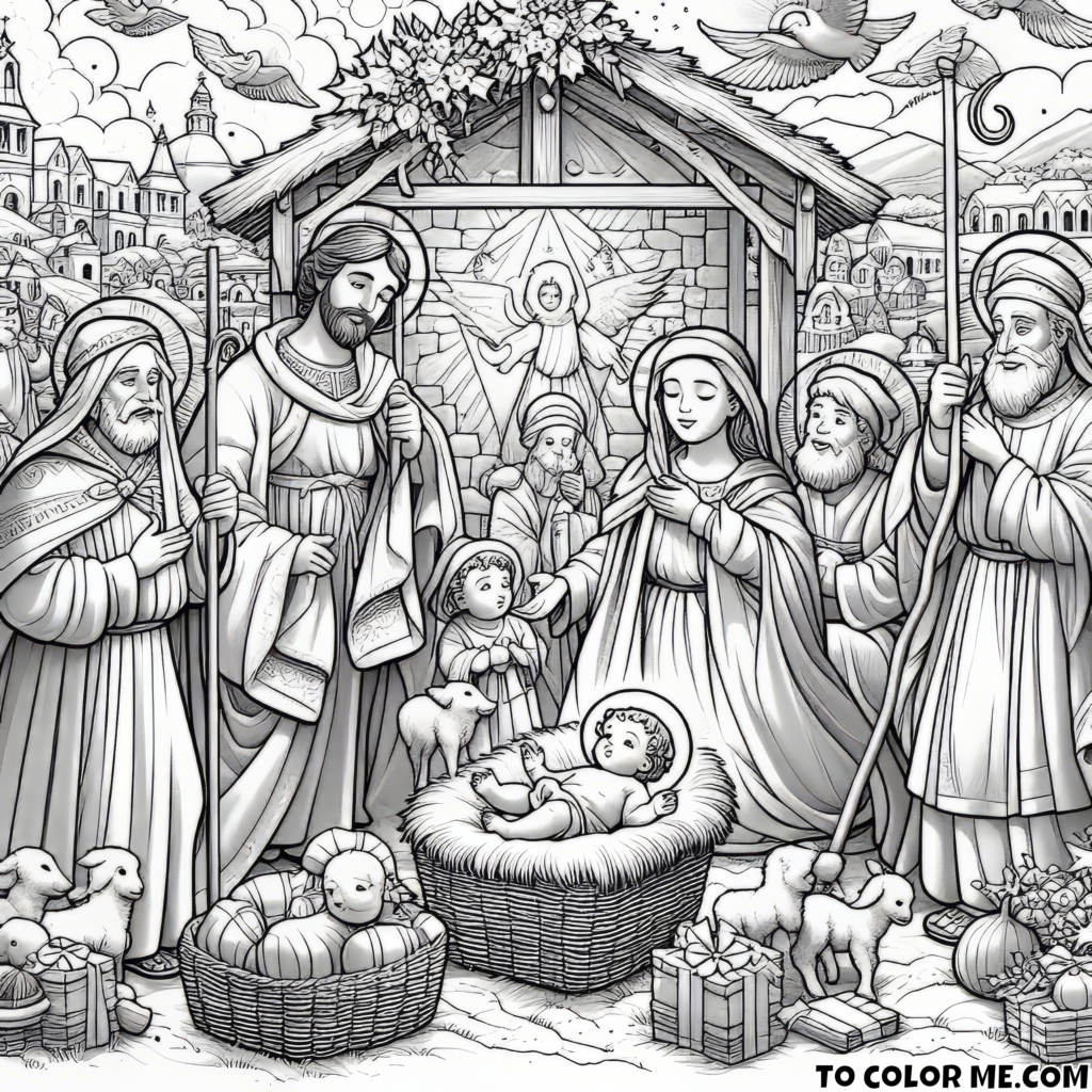 Nativity Elegance: Immerse Yourself in the Beauty of Christmas with this Exquisite Coloring Page – A Heartwarming Celebration of the Holy Night!
